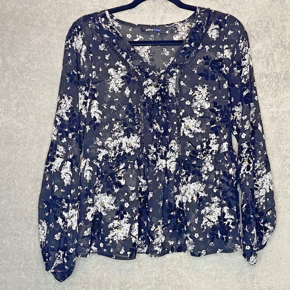 Alice Blue S Small Top Shirt Black Floral Flower Long Sleeve V Neck Sheer Casual
